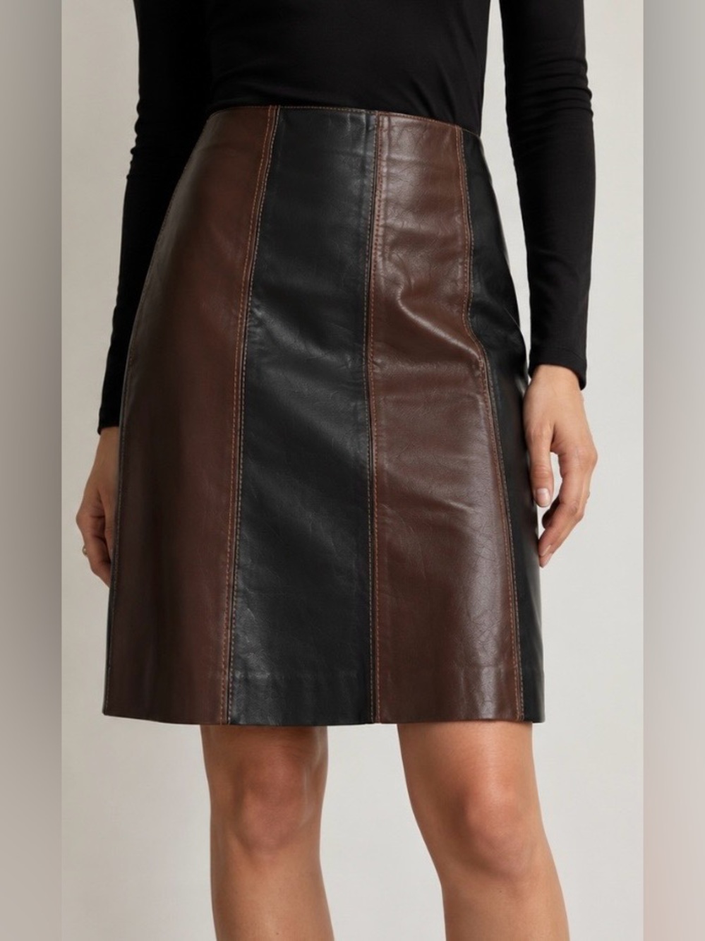 Vintage DKNY Leather Colorblock Panel Midi Skirt